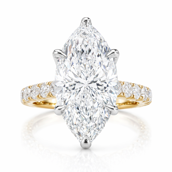 Lily engagement ring with a marquise-cut lab-grown center diamond in two-tone yellow and white metal, front view.