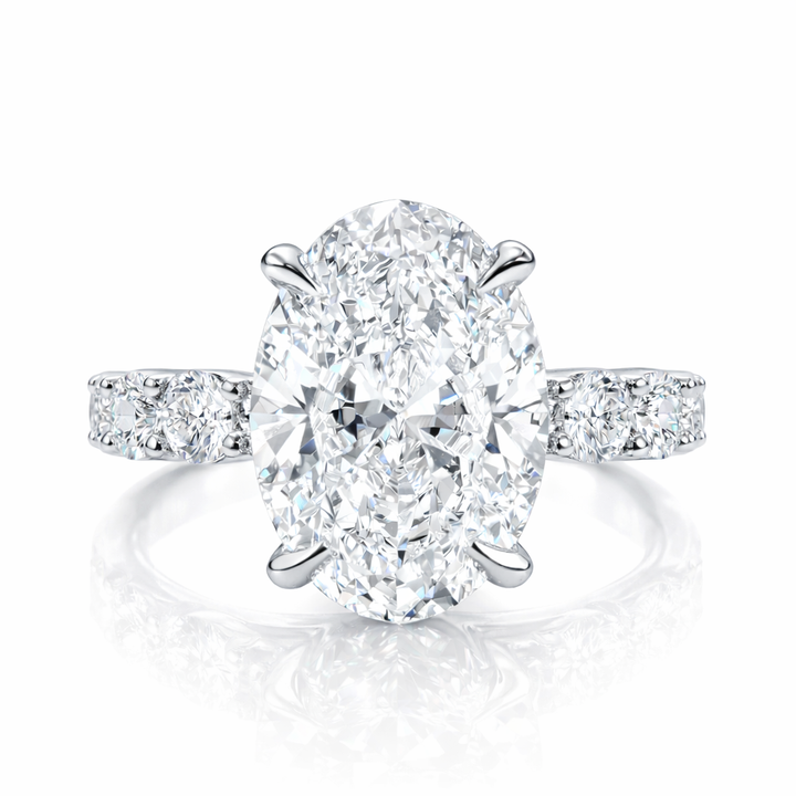 Aurora engagement ring with a oval lab-grown center diamond in white metal, front view.