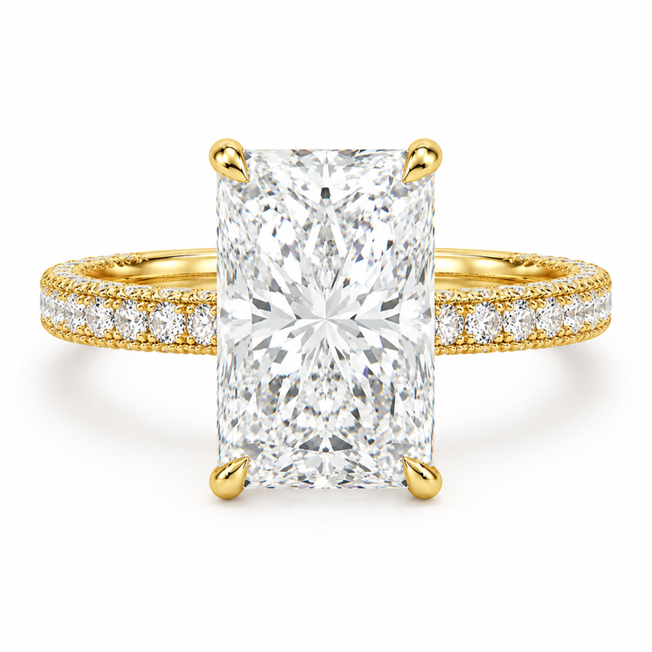 Raquel engagement ring with a radiant-cut lab-grown center diamond in yellow gold, front view.