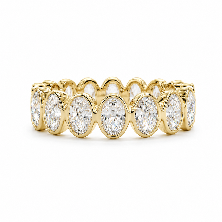 Oval Bezel Wedding Band in yellow gold, front view.