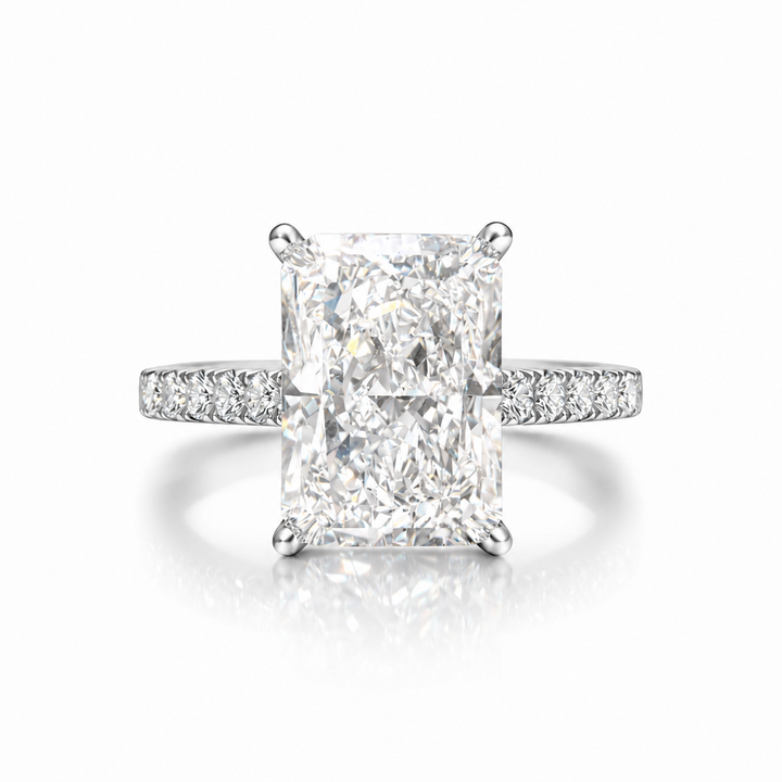 Signature Series engagement ring with a radiant-cut lab-grown center diamond in white metal, front view.