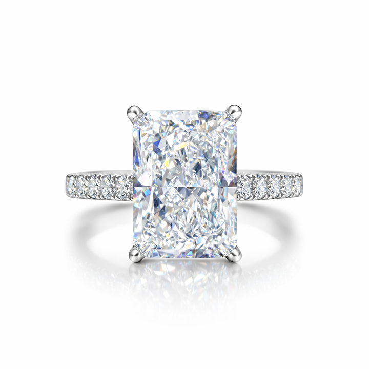 Rose engagement ring with a radiant-cut lab-grown center diamond in white metal, front view.
