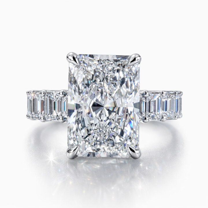 Onye engagement ring with a radiant-cut lab-grown center diamond in white metal, front view.