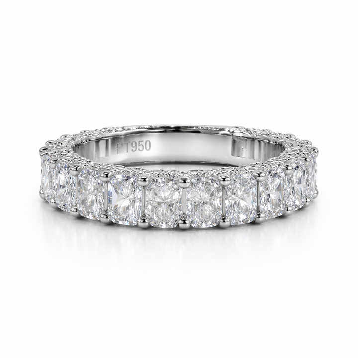 Erica u-pave wedding band in white metal, front view.