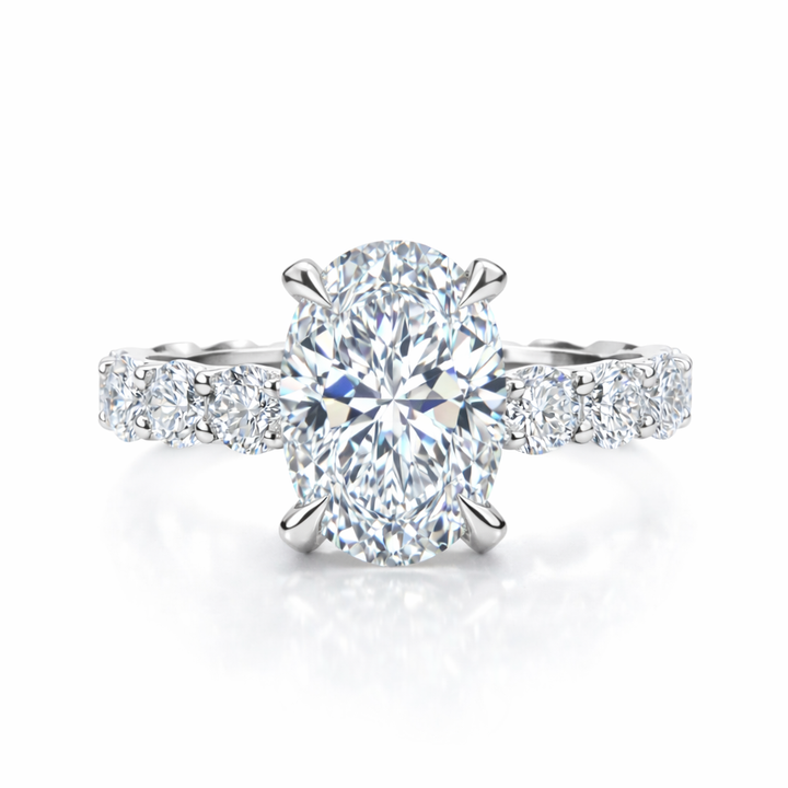 Necola engagement ring with a oval lab-grown center diamond in white metal, front view.