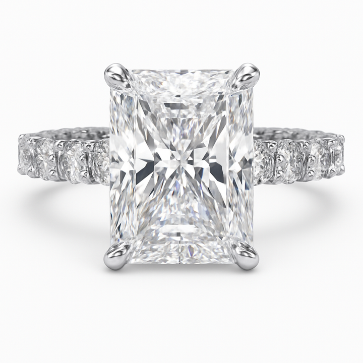 Luna engagement ring with a radiant-cut lab-grown center diamond and pavé band in white metal, front view.