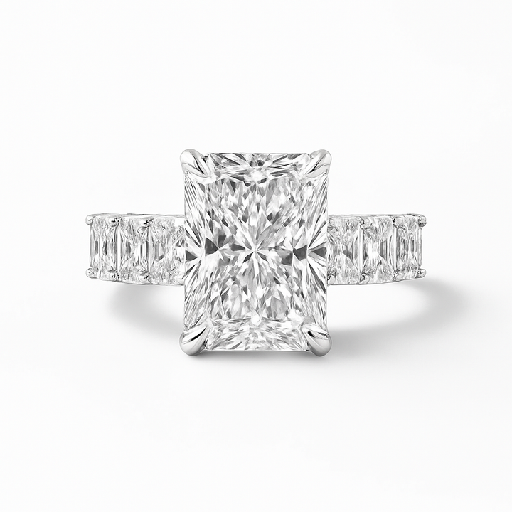 Erica engagement ring with a radiant-cut lab-grown center diamond in white metal, front view.