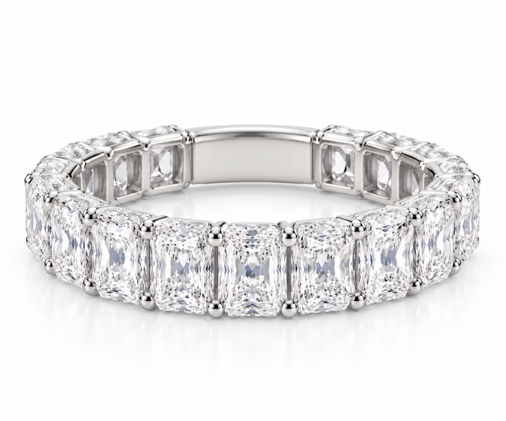 Erica wedding band in white metal, angled view.
