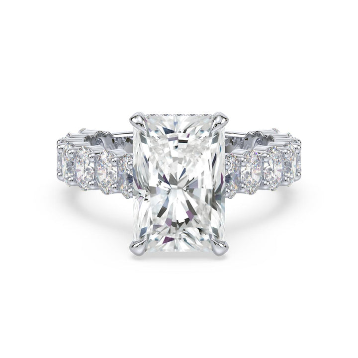 Cathedral Gabriella engagement ring with a radiant-cut lab-grown center diamond in white metal, front view.