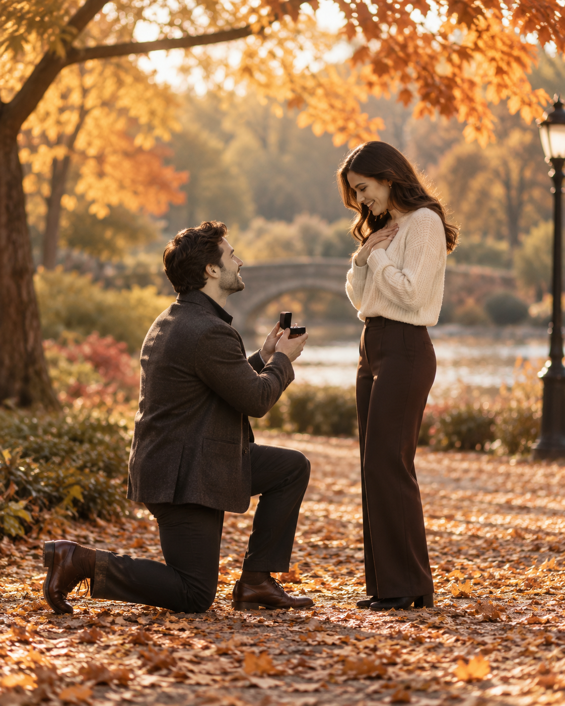 A couple sharing a marriage proposal beneath golden autumn trees.