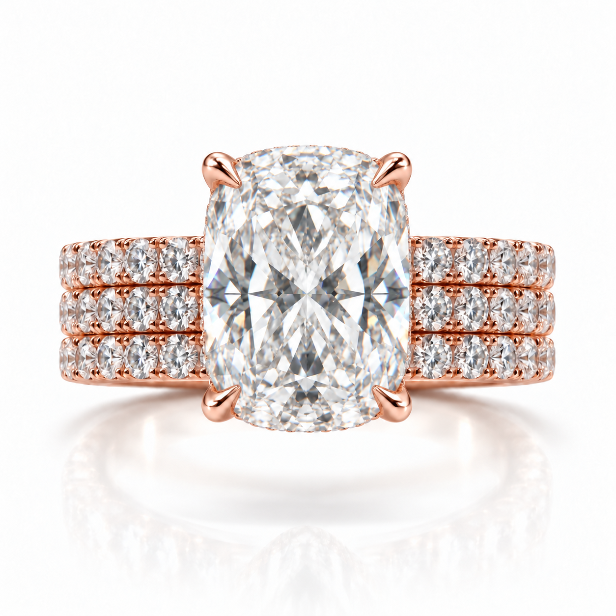 Juliana cushion diamond ring in 14K Rose Gold, 6mm three-row French pavé band with hidden halo