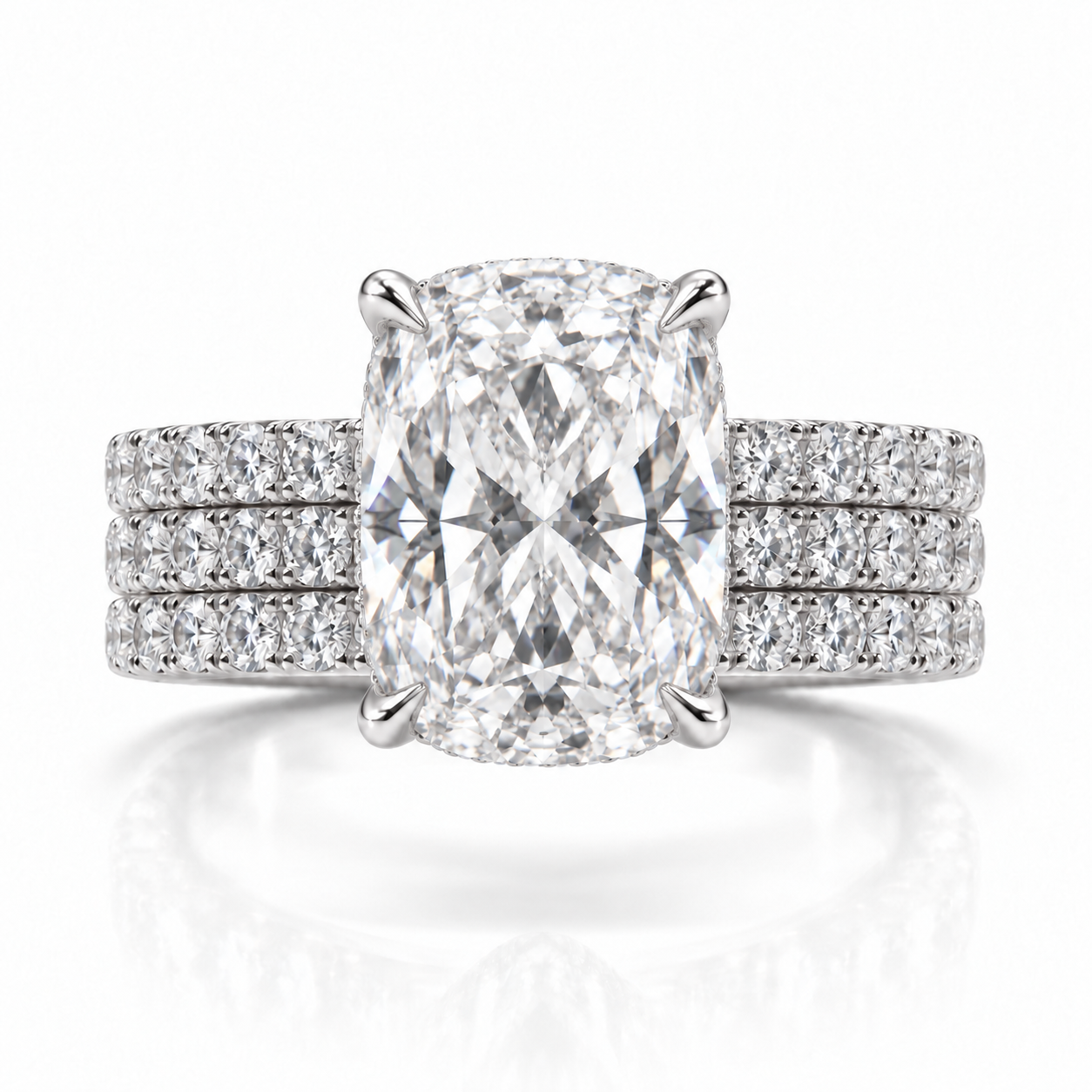 Juliana cushion diamond ring in 14K White Gold, 6mm three-row French pavé band with hidden halo