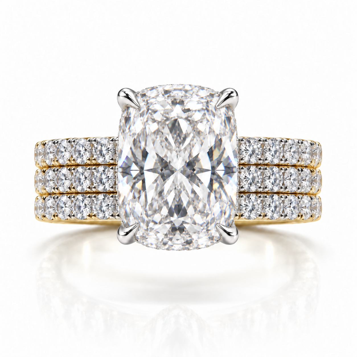 Juliana cushion diamond ring in 14K Yellow and White Gold, 6mm three-row French pavé band with hidden halo