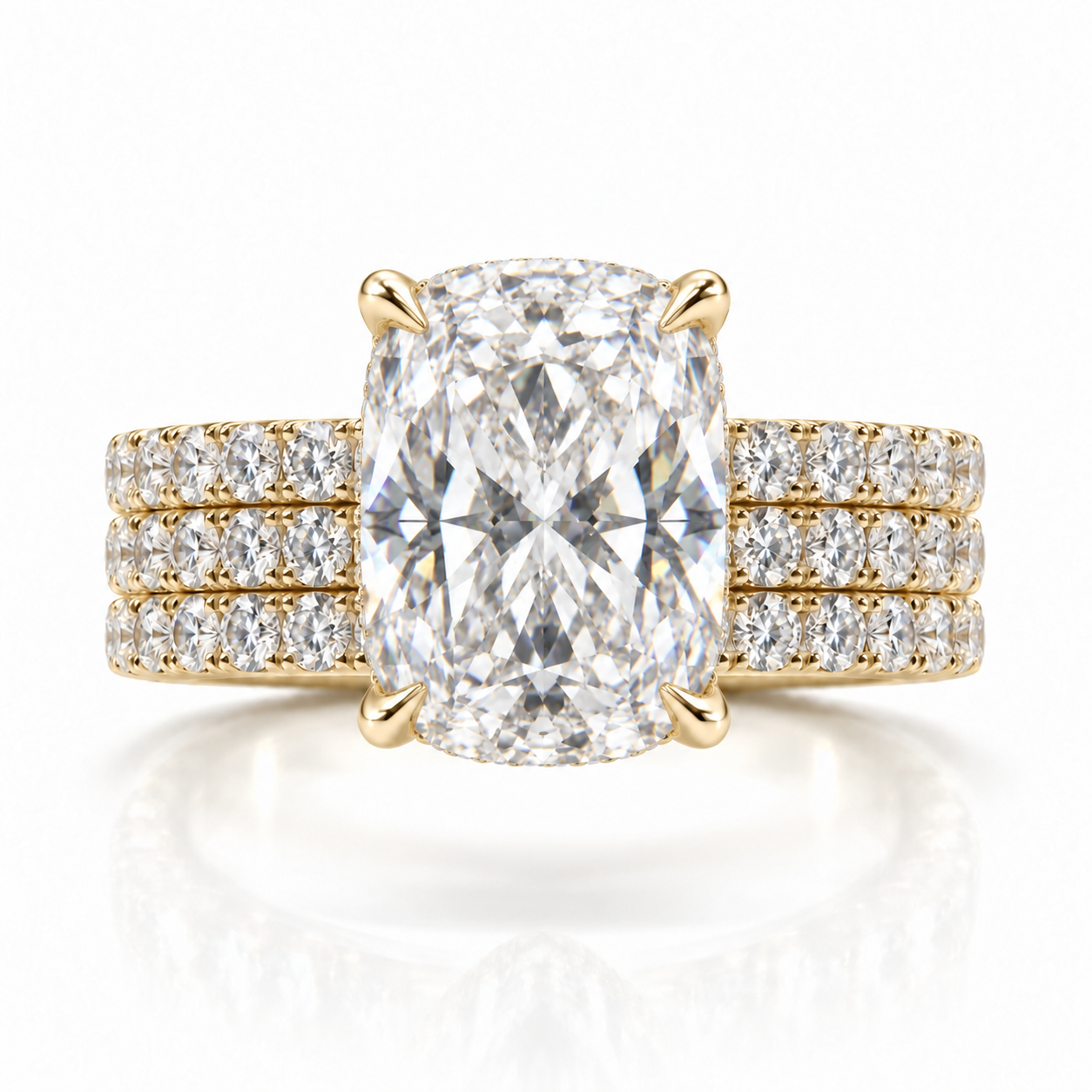 Juliana cushion diamond ring in 14K Yellow Gold, 6mm three-row French pavé band with hidden halo
