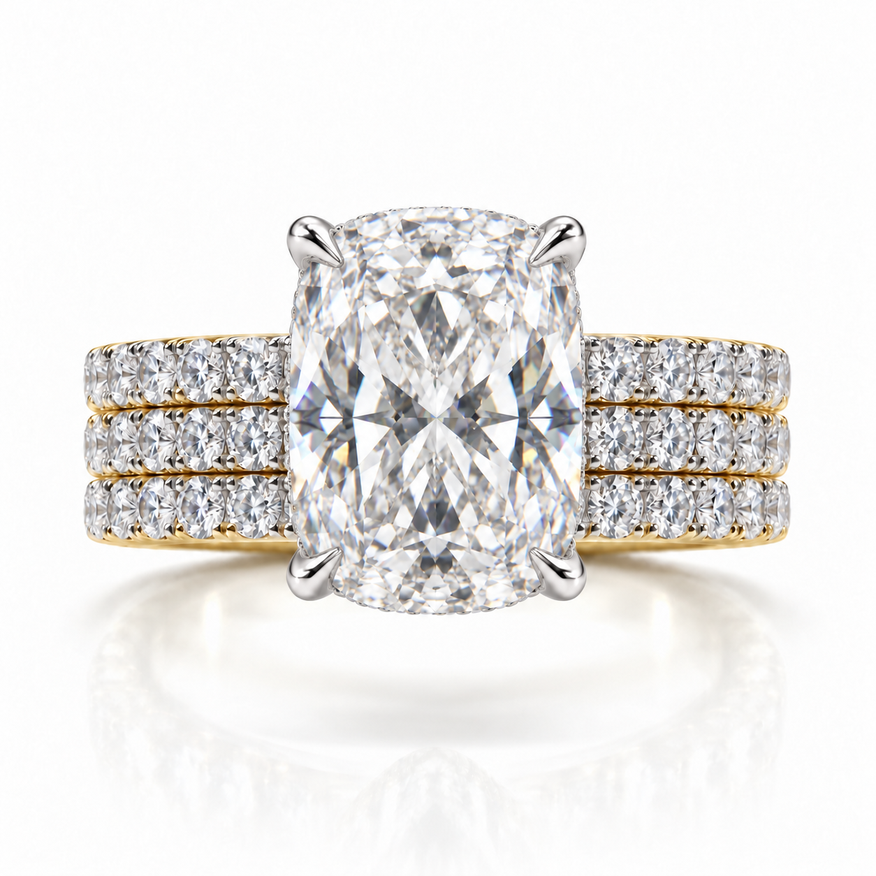 Juliana cushion diamond ring in 18K Yellow and White Gold, 6mm three-row French pavé band with hidden halo