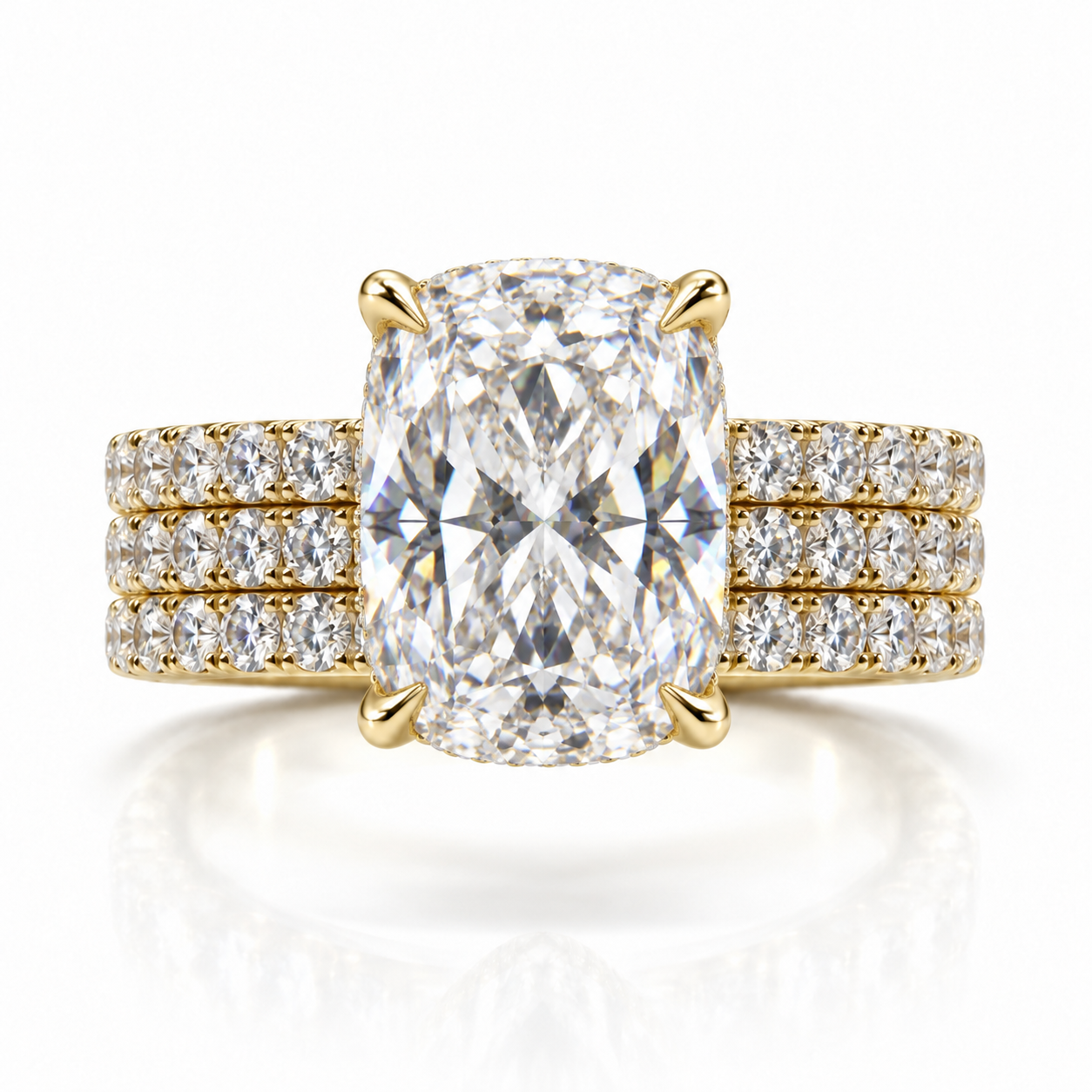 Juliana cushion lab-grown diamond ring in 18K yellow gold with three soldered French pavé rows and a 6 mm band