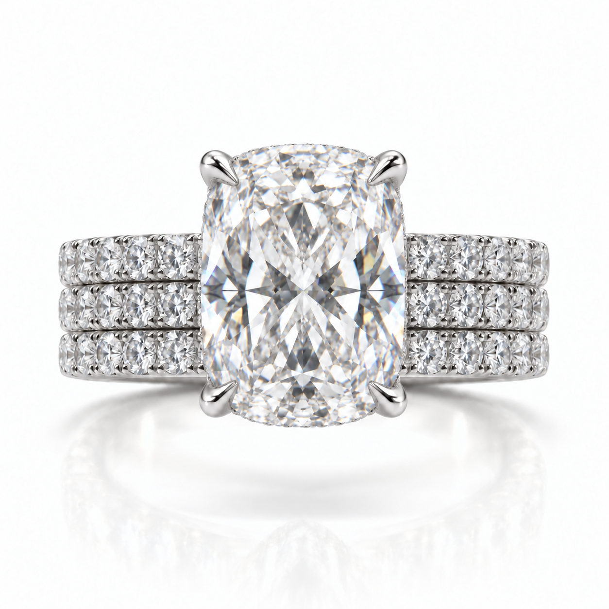Juliana cushion diamond ring in Platinum, 6mm three-row French pavé band with hidden halo