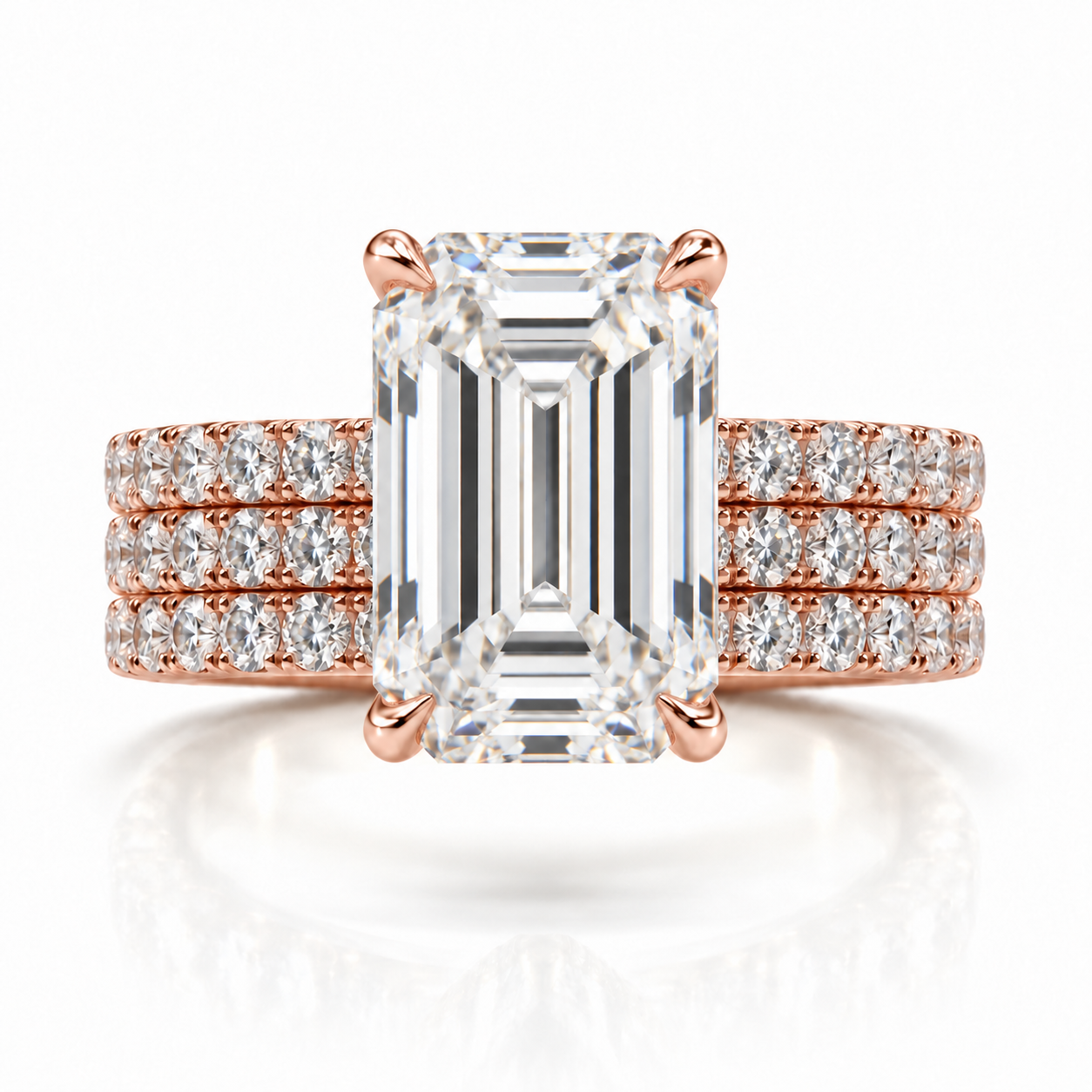 Juliana emerald diamond ring in 14K Rose Gold, 6mm three-row French pavé band with hidden halo