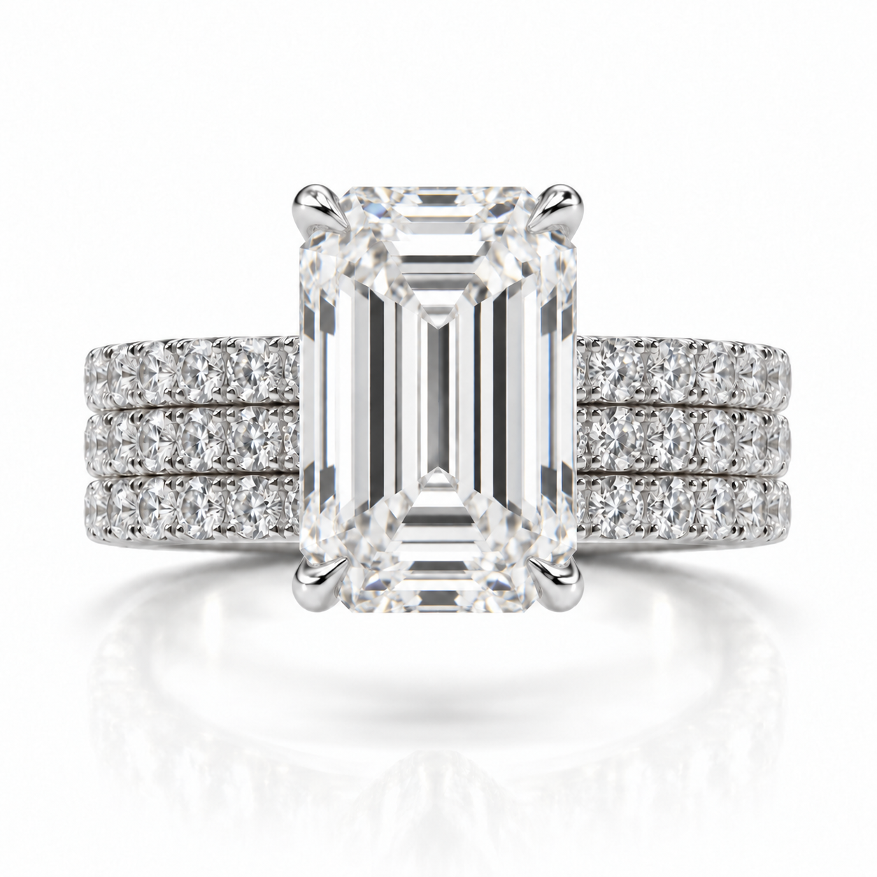 Juliana emerald diamond ring in 14K White Gold, 6mm three-row French pavé band with hidden halo