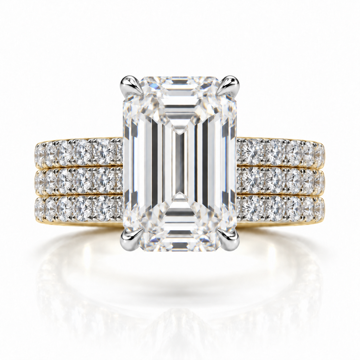 Juliana emerald diamond ring in 14K Yellow and White Gold, 6mm three-row French pavé band with hidden halo