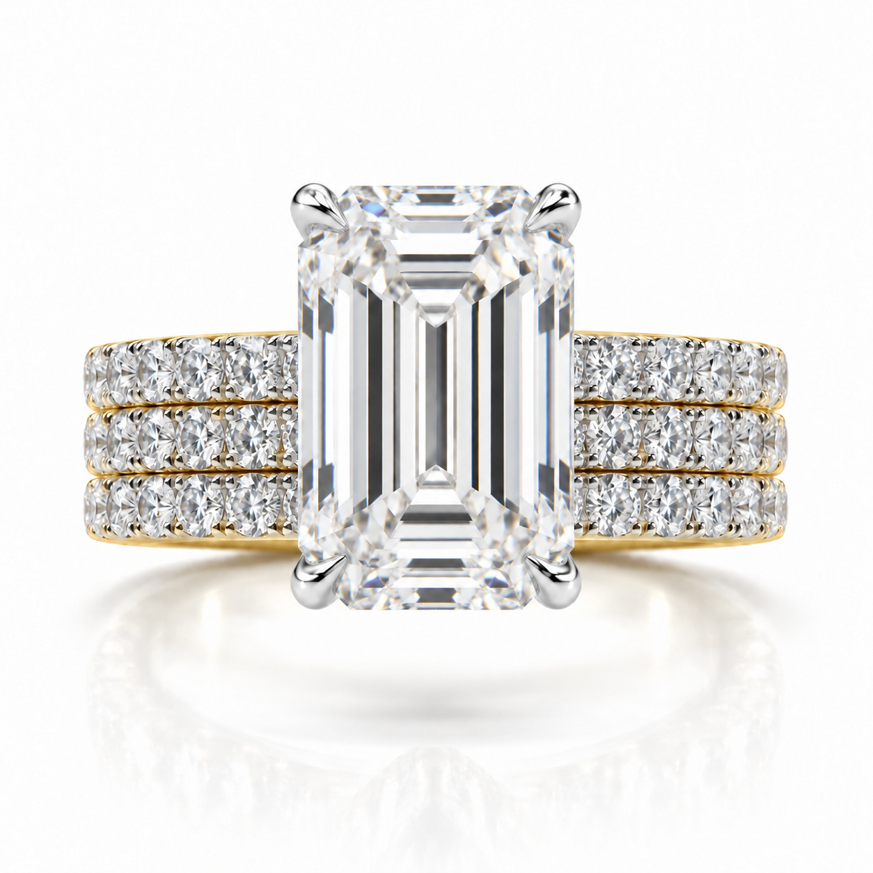 Juliana emerald diamond ring in 18K Yellow and White Gold, 6mm three-row French pavé band with hidden halo