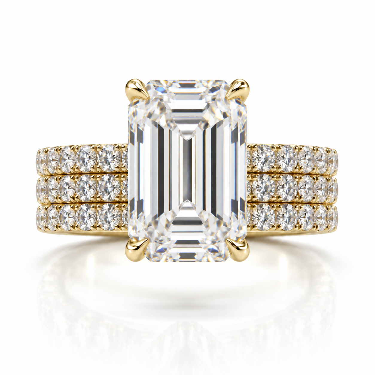 Juliana emerald lab-grown diamond ring in 18K yellow gold with three soldered French pavé rows and a 6 mm band