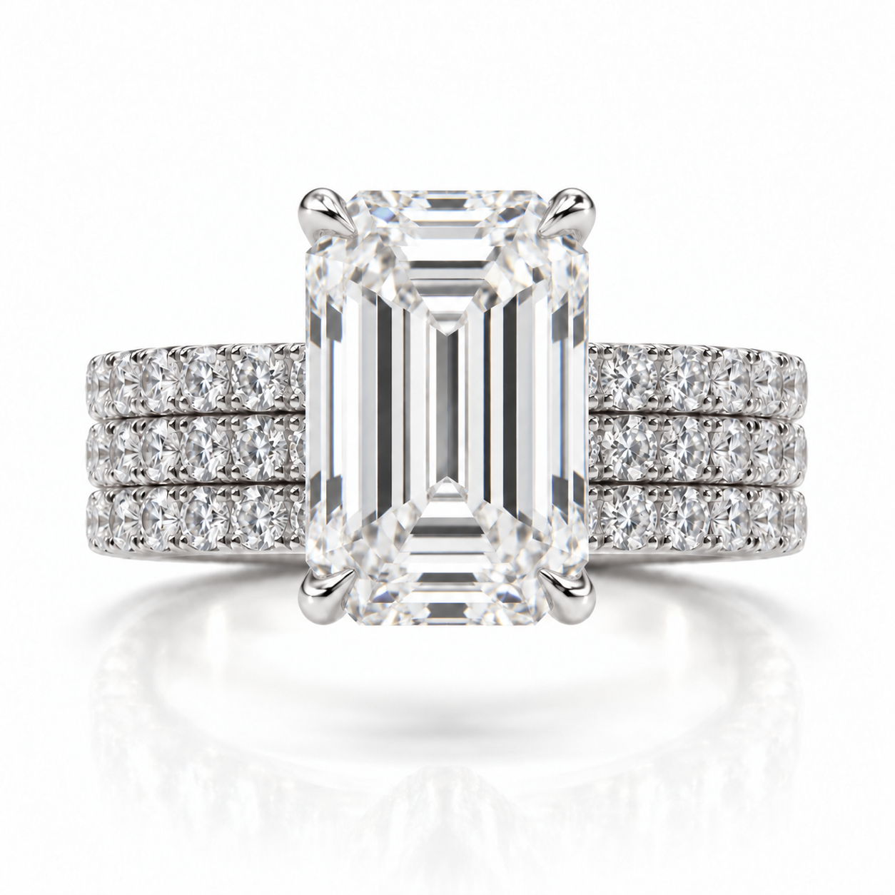 Juliana emerald diamond ring in Platinum, 6mm three-row French pavé band with hidden halo