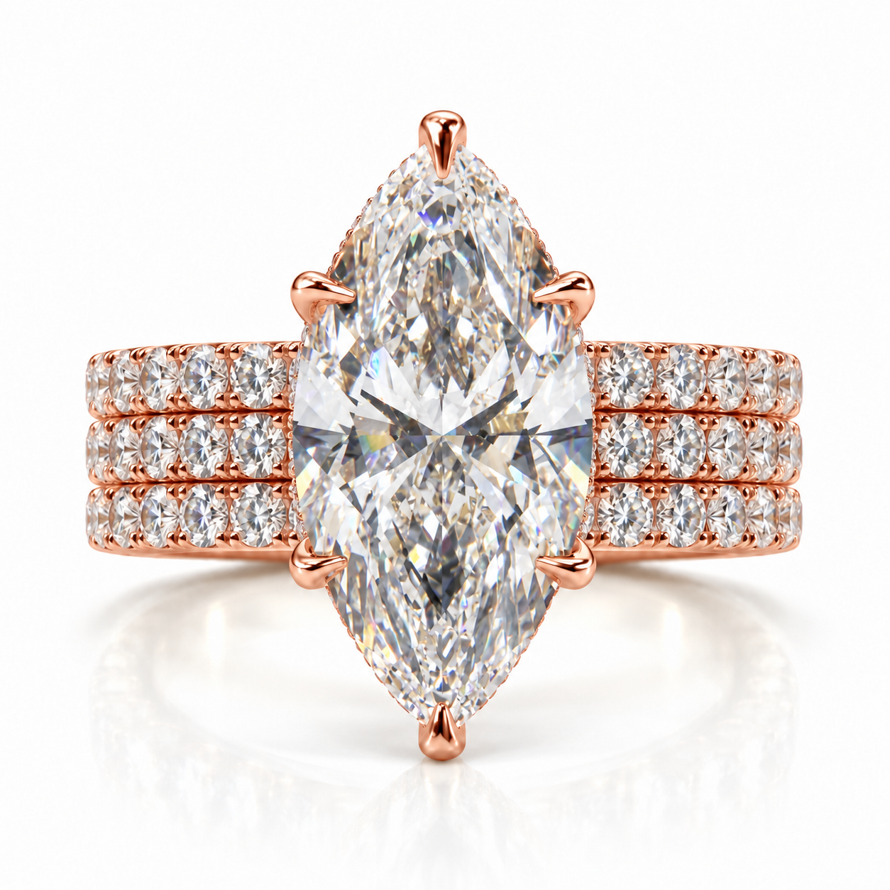 Juliana marquise diamond ring in 14K Rose Gold, 6mm three-row French pavé band with hidden halo