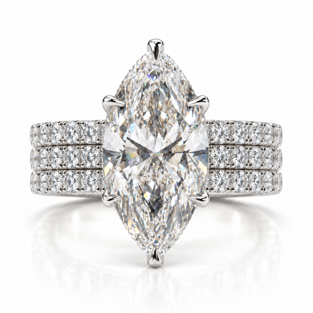 Juliana marquise diamond ring in 14K White Gold, 6mm three-row French pavé band with hidden halo
