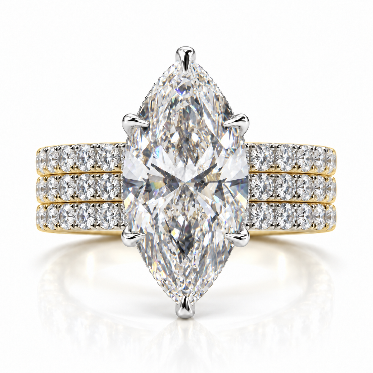 Juliana marquise diamond ring in 14K Yellow and White Gold, 6mm three-row French pavé band with hidden halo