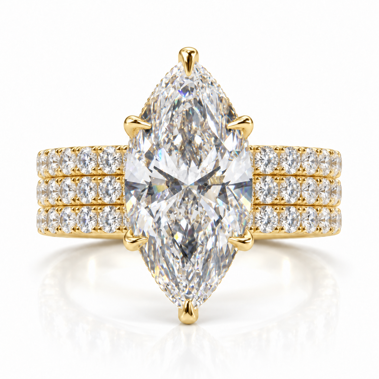 Juliana marquise diamond ring in 14K Yellow Gold, 6mm three-row French pavé band with hidden halo