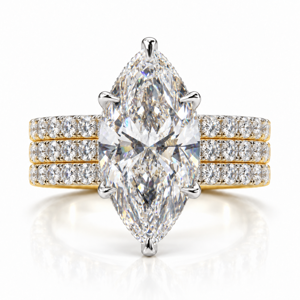 Juliana marquise diamond ring in 18K Yellow and White Gold, 6mm three-row French pavé band with hidden halo