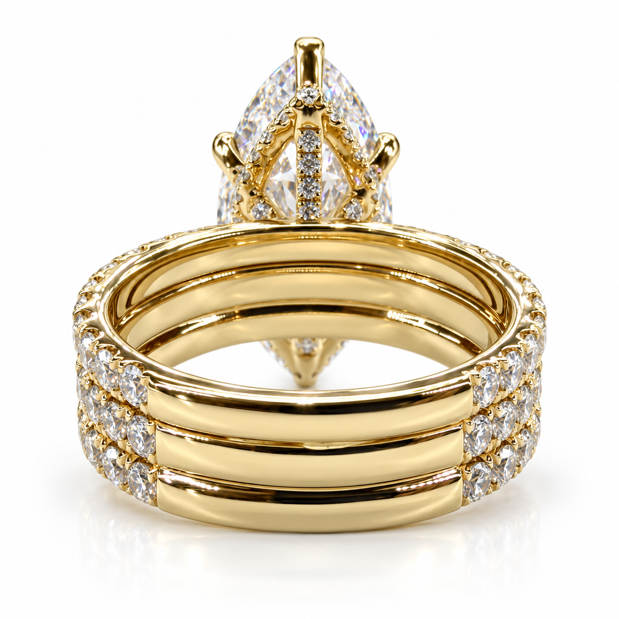 Juliana marquise diamond ring in 18K yellow gold, rear view showing the three soldered French pavé bands and hidden halo
