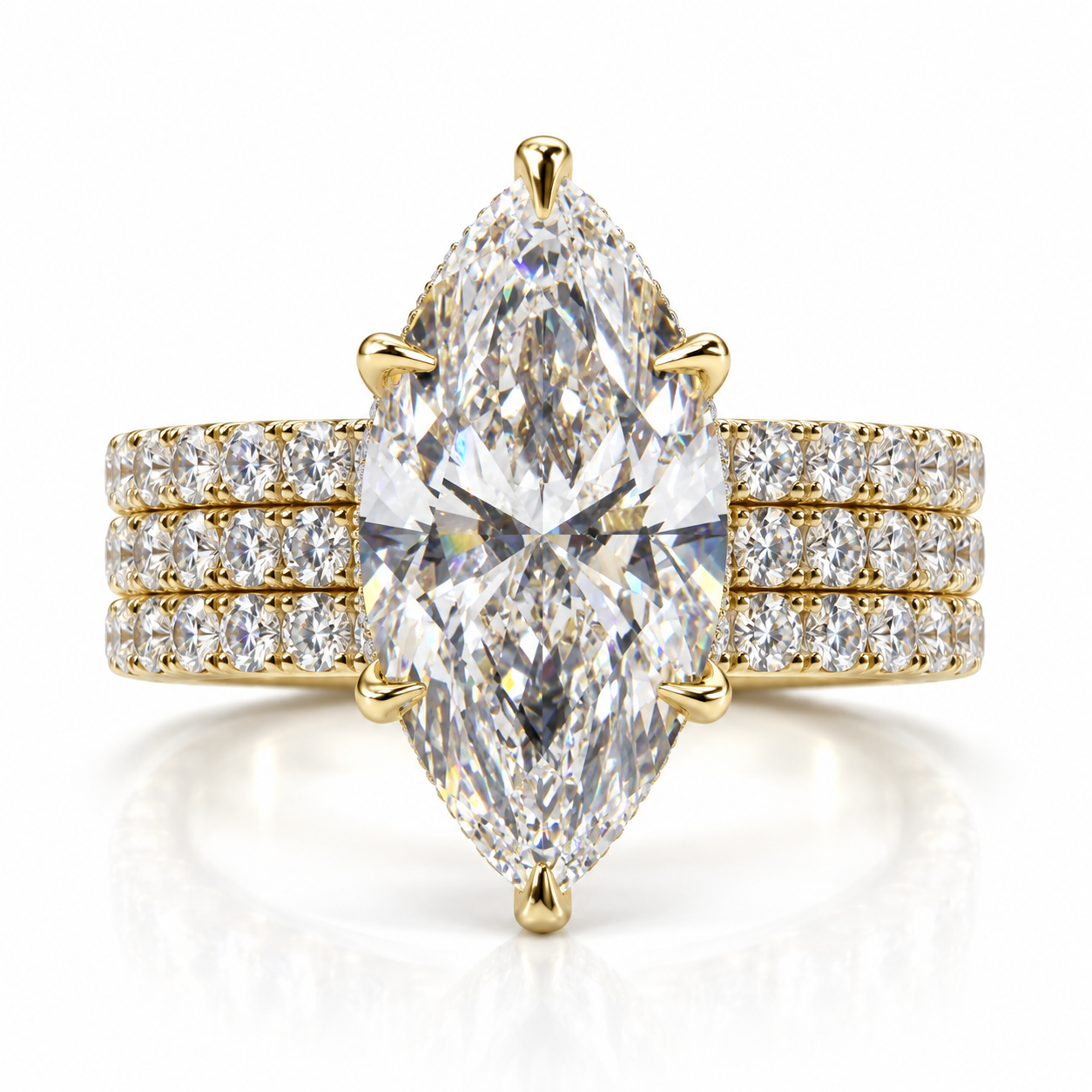Juliana marquise lab-grown diamond ring in 18K yellow gold with three soldered French pavé rows and a 6 mm band