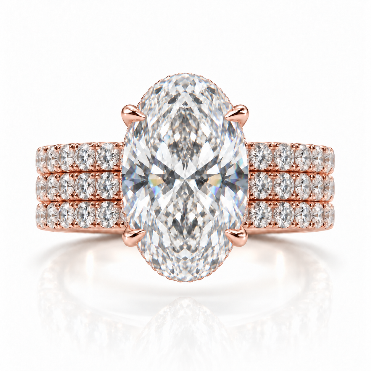 Juliana oval diamond ring in 14K Rose Gold, 6mm three-row French pavé band with hidden halo, four-prong setting