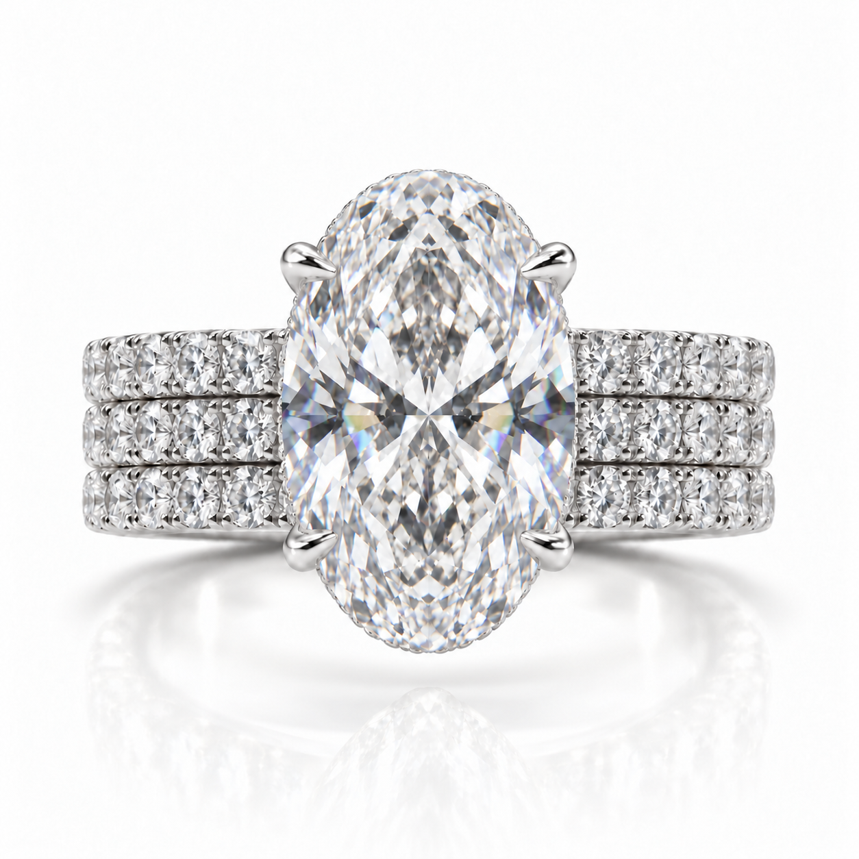 Juliana oval diamond ring in 14K White Gold, 6mm three-row French pavé band with hidden halo, four-prong setting