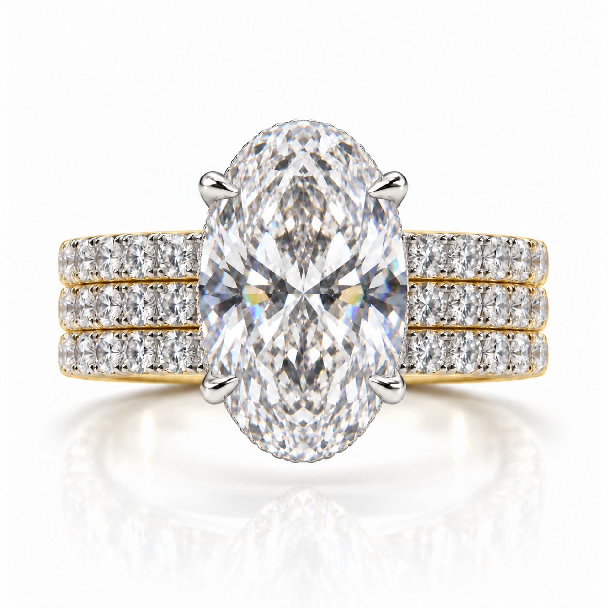 Juliana oval diamond ring in 14K Yellow and White Gold, 6mm three-row French pavé band with hidden halo, four-prong setting
