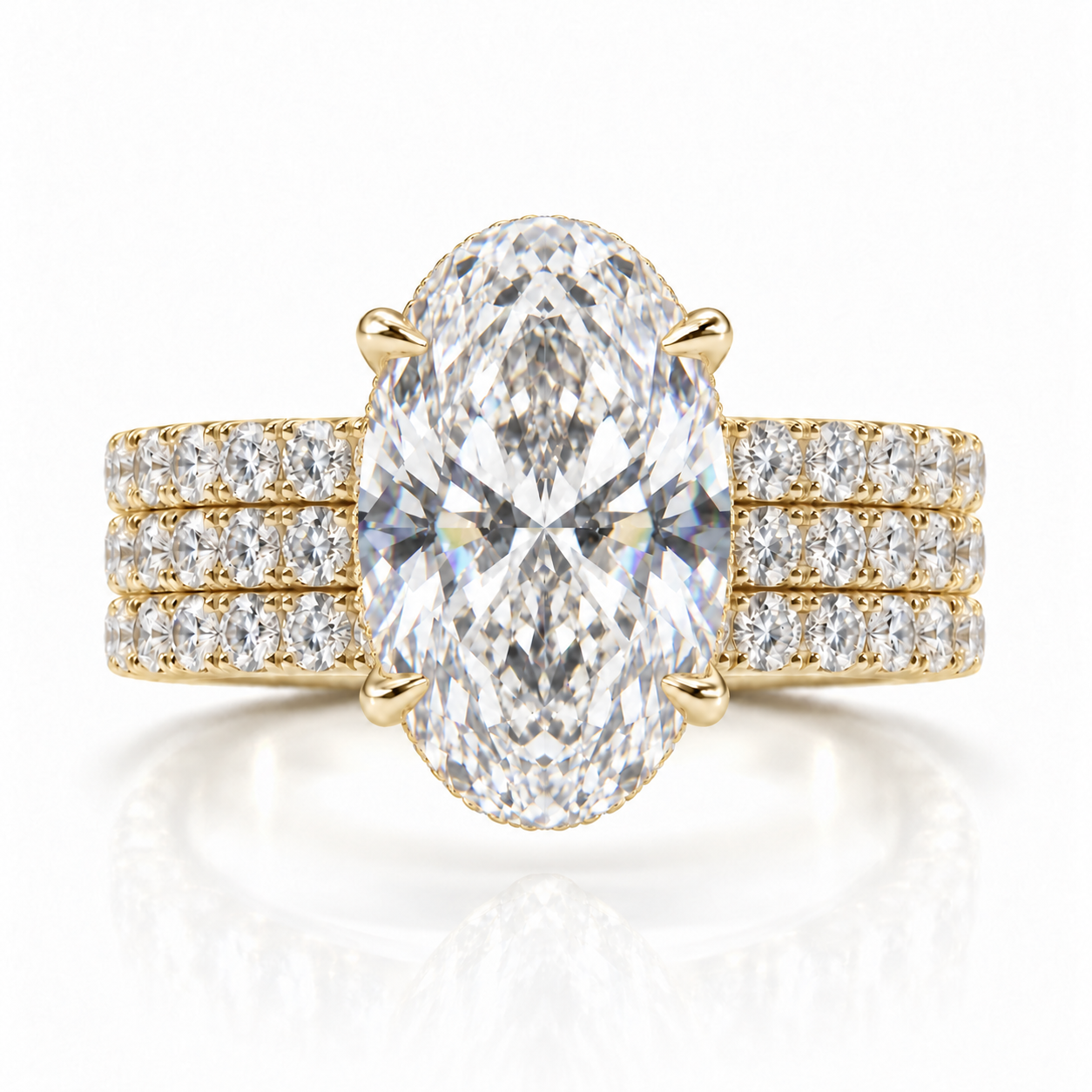 Juliana oval diamond ring in 14K Yellow Gold, 6mm three-row French pavé band with hidden halo, four-prong setting
