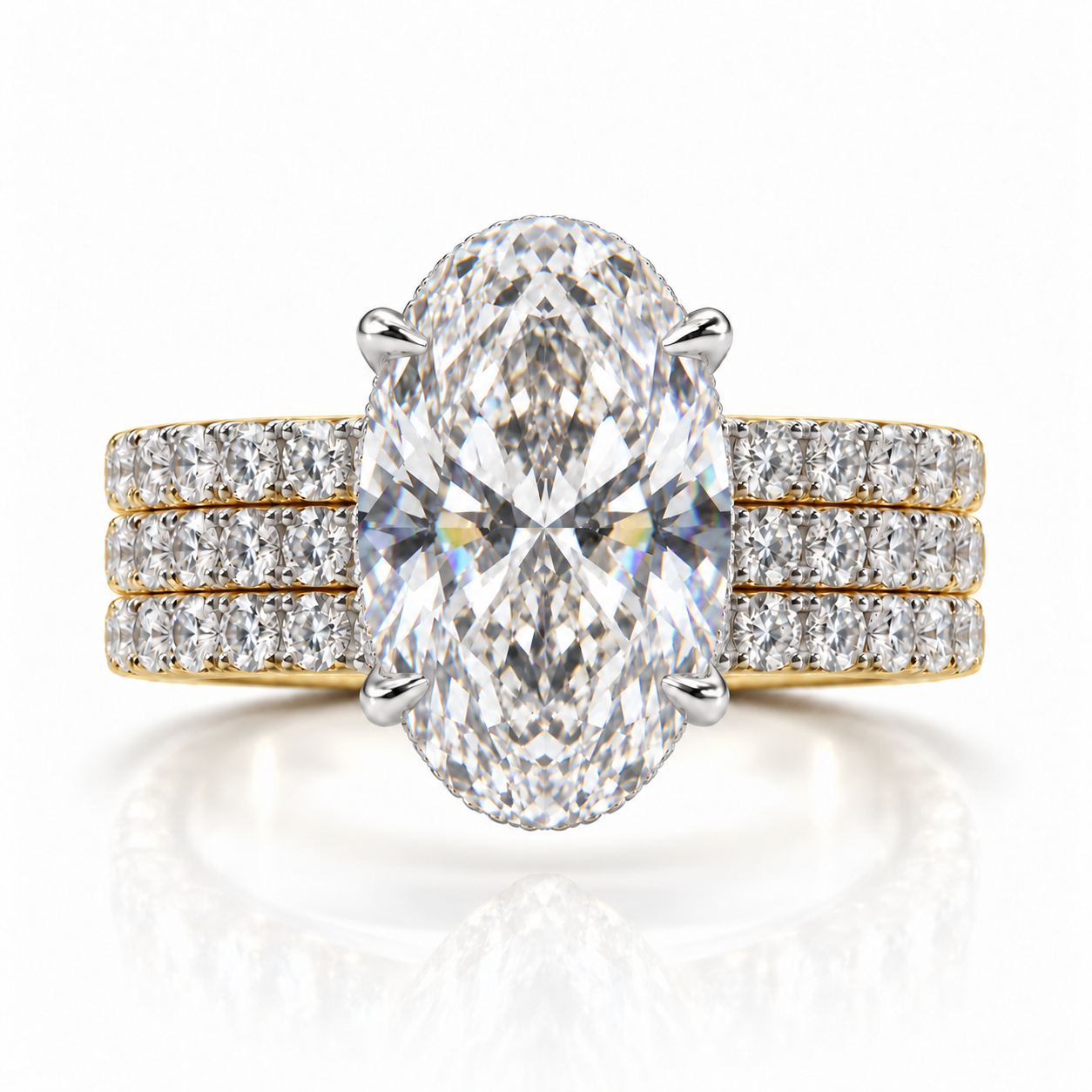 Juliana oval diamond ring in 18K Yellow and White Gold, 6mm three-row French pavé band with hidden halo, four-prong setting