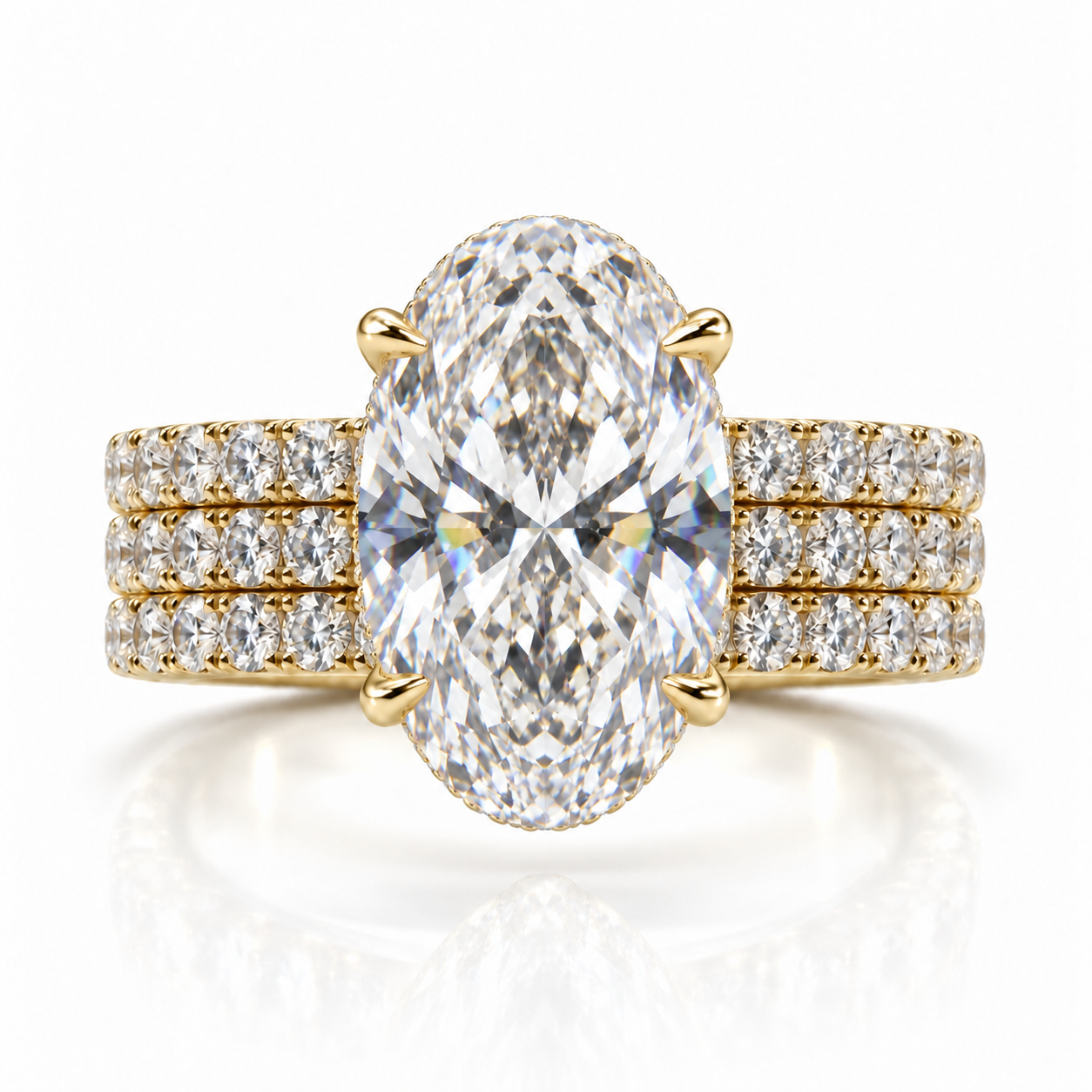 Juliana oval lab-grown diamond ring in 18K yellow gold with three soldered French pavé rows and a 6 mm band