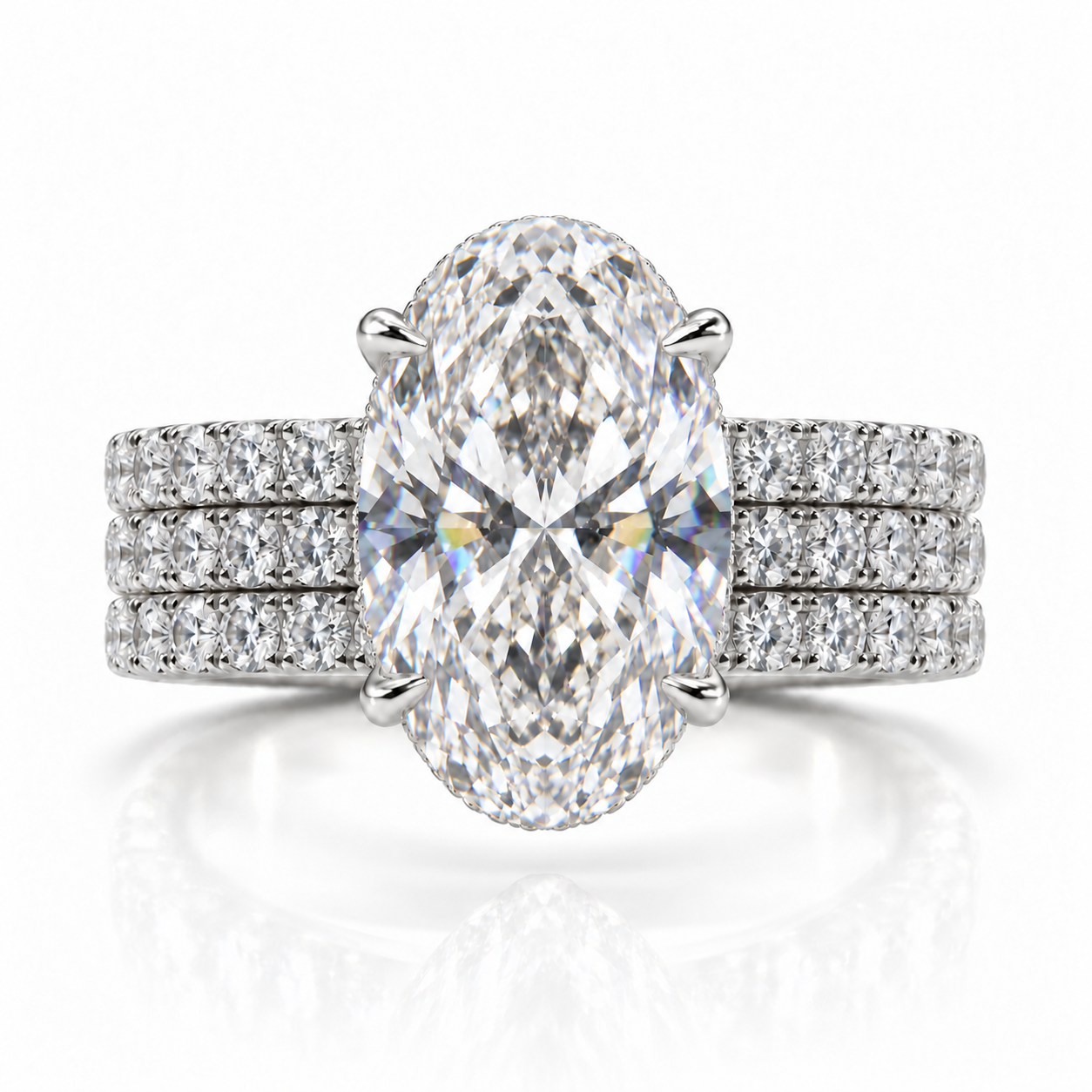 Juliana oval diamond ring in Platinum, 6mm three-row French pavé band with hidden halo, four-prong setting