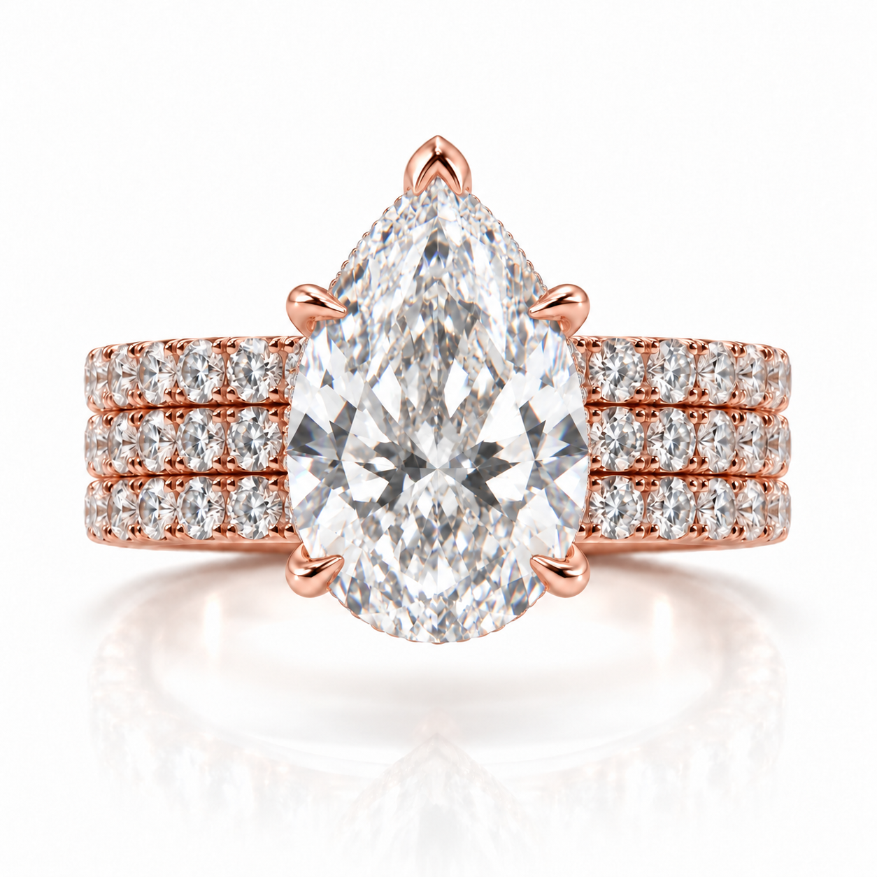 Juliana pear diamond ring in 14K Rose Gold, 6mm three-row French pavé band with hidden halo