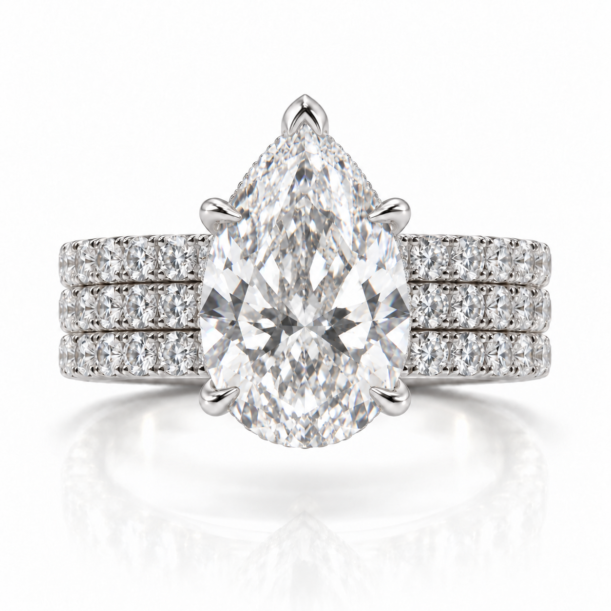 Juliana pear diamond ring in 14K White Gold, 6mm three-row French pavé band with hidden halo