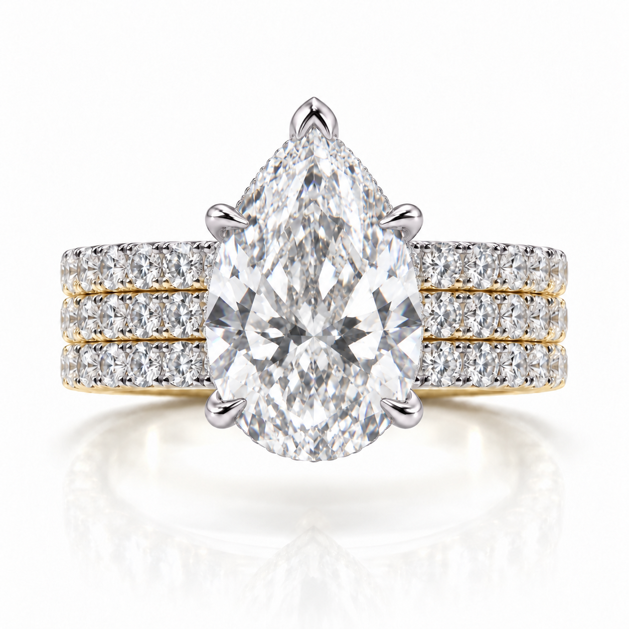 Juliana pear diamond ring in 14K Yellow and White Gold, 6mm three-row French pavé band with hidden halo