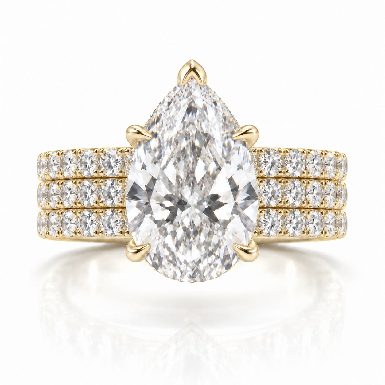 Juliana pear diamond ring in 14K Yellow Gold, 6mm three-row French pavé band with hidden halo