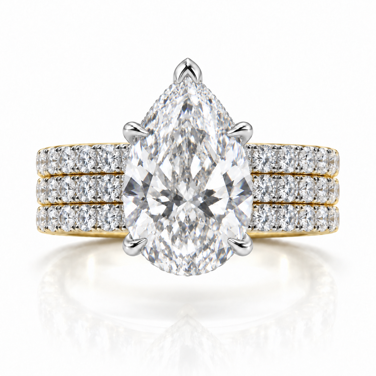 Juliana pear diamond ring in 18K Yellow and White Gold, 6mm three-row French pavé band with hidden halo