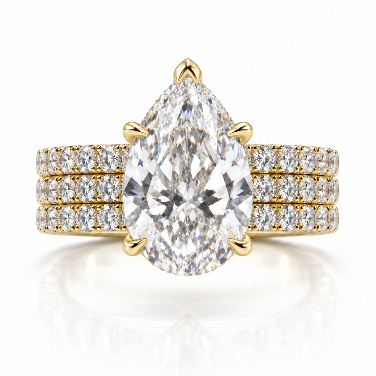Juliana pear lab-grown diamond ring in 18K yellow gold with three soldered French pavé rows and a 6 mm band