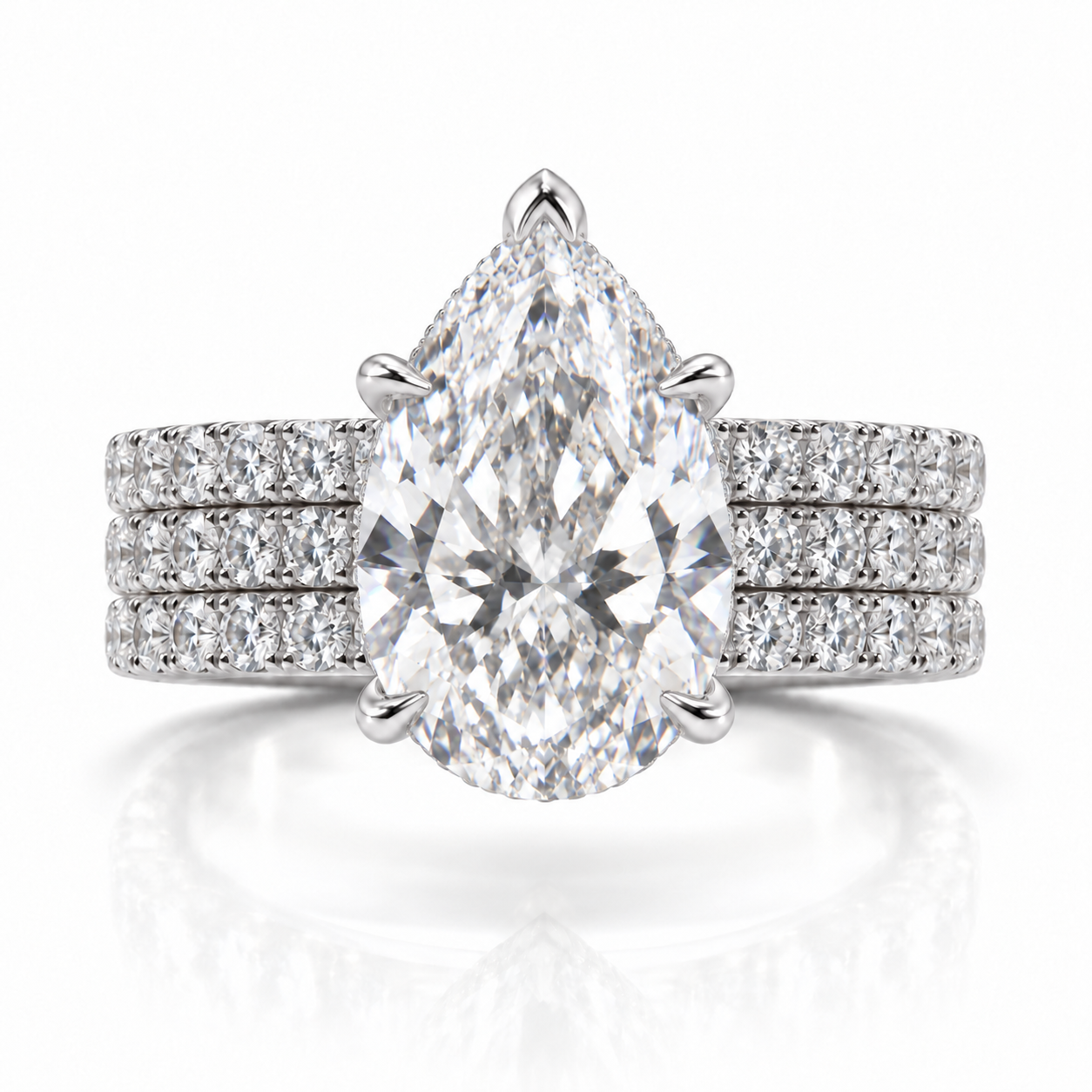 Juliana pear diamond ring in Platinum, 6mm three-row French pavé band with hidden halo