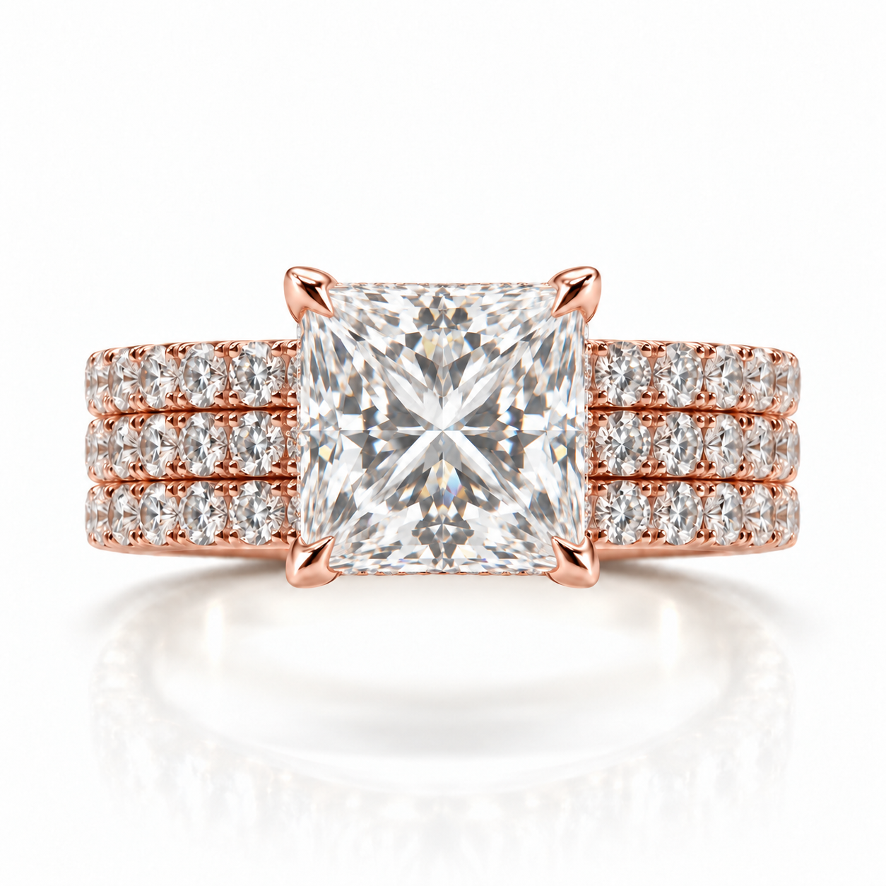 Juliana princess-cut diamond ring in 14K Rose Gold, 6mm three-row French pavé band with hidden halo