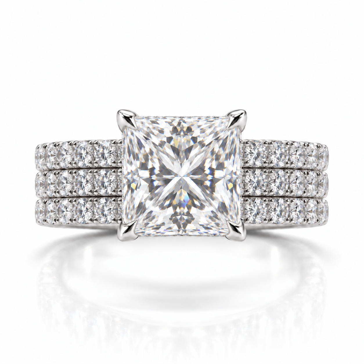 Juliana princess-cut diamond ring in 14K White Gold, 6mm three-row French pavé band with hidden halo